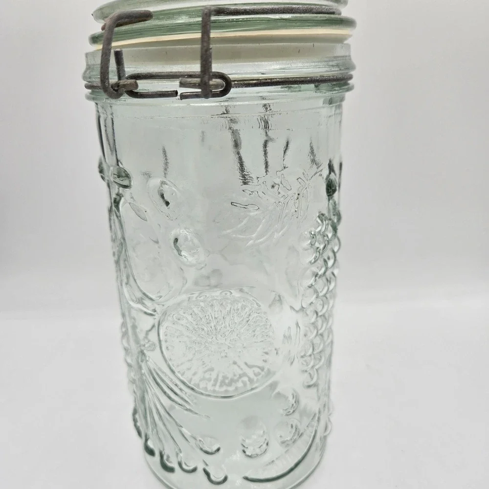 Fruit Embossed Clear Glass Canister with‎ Flip Top Vtg Jar Storage Container